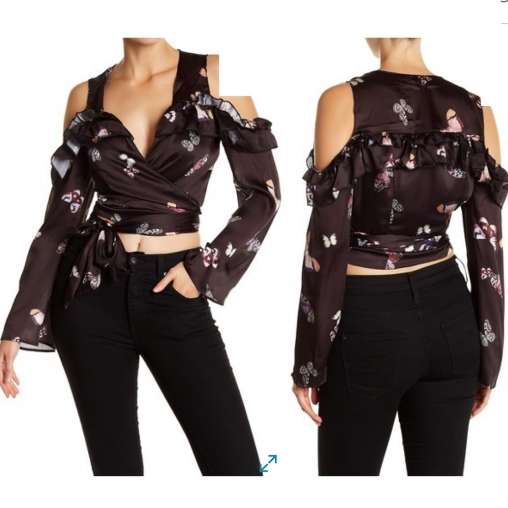 🆕 AFRM Cold Shoulder Satin Ruffle Wrap Top BLK XL